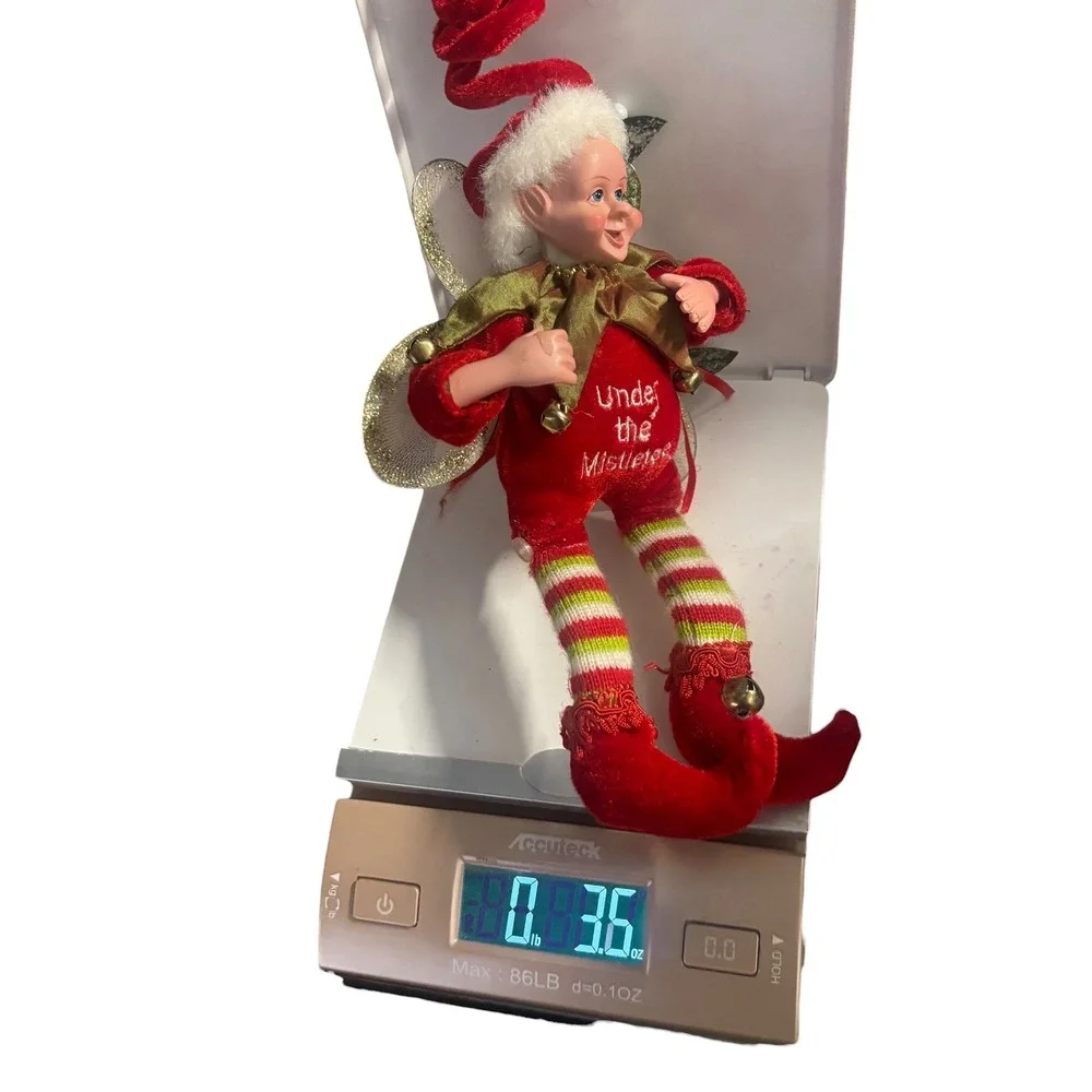 Christmas Elf Fairy Ornament Under the Mistletoe Red Velvet Jingle Bells 12in
